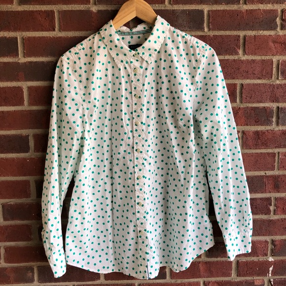 green and white polka dot blouse